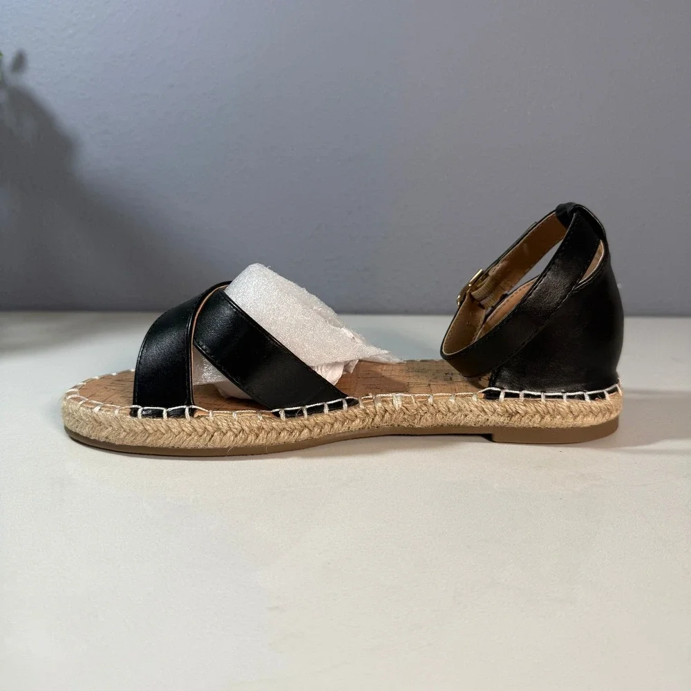 Journee Collection Women Black Espadrille Flat Sandals Ankle‎ Strap Size 8W